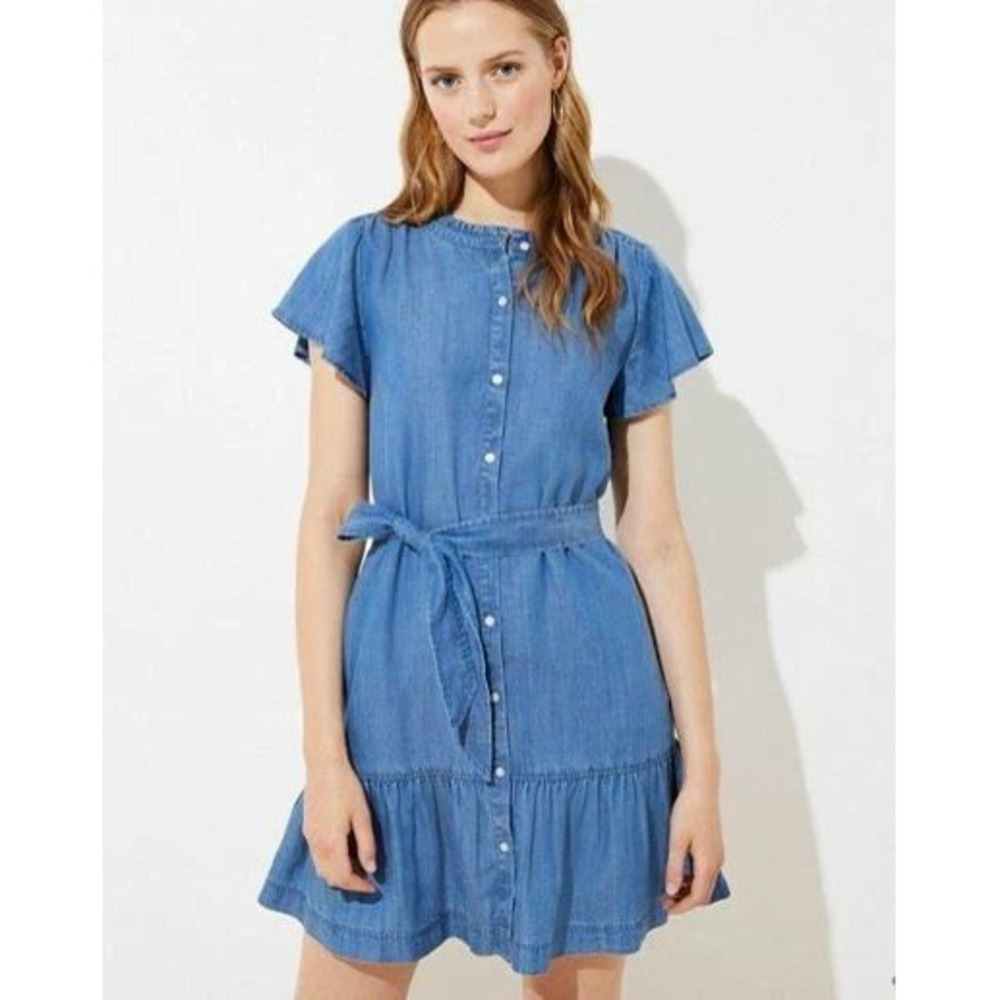 Loft Blue Chambray Linen Blend Flutter Sleeve Tied Waist Mini Dress Womens 4 NWT